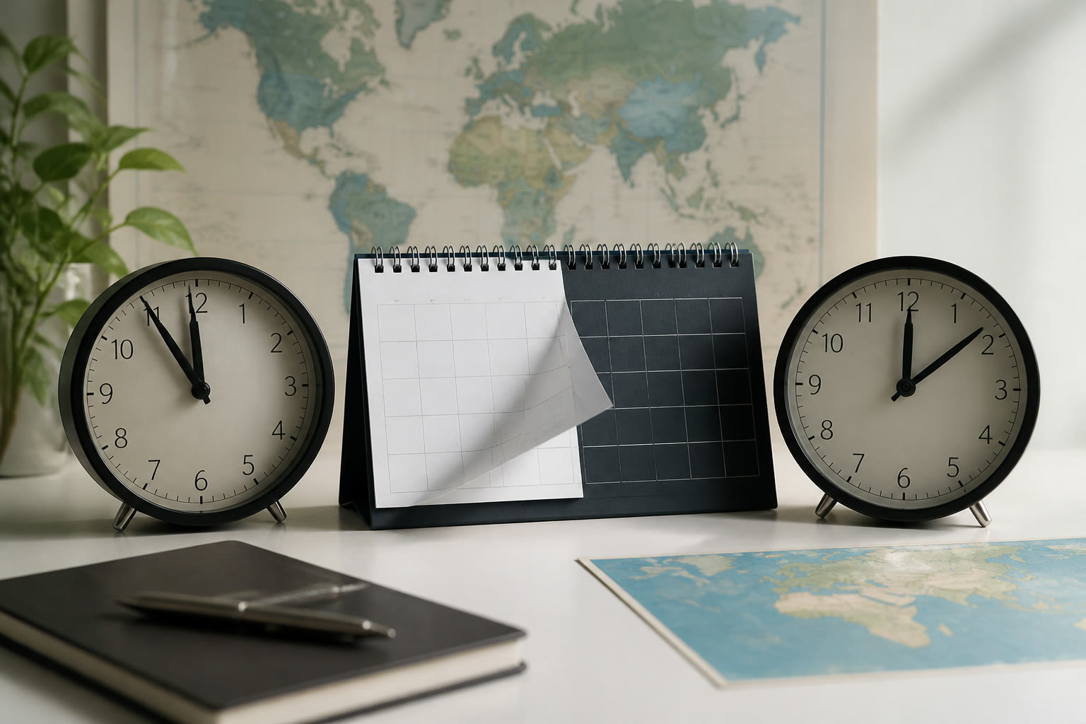 Two clocks in different time zones beside a calendar page turning at midnight