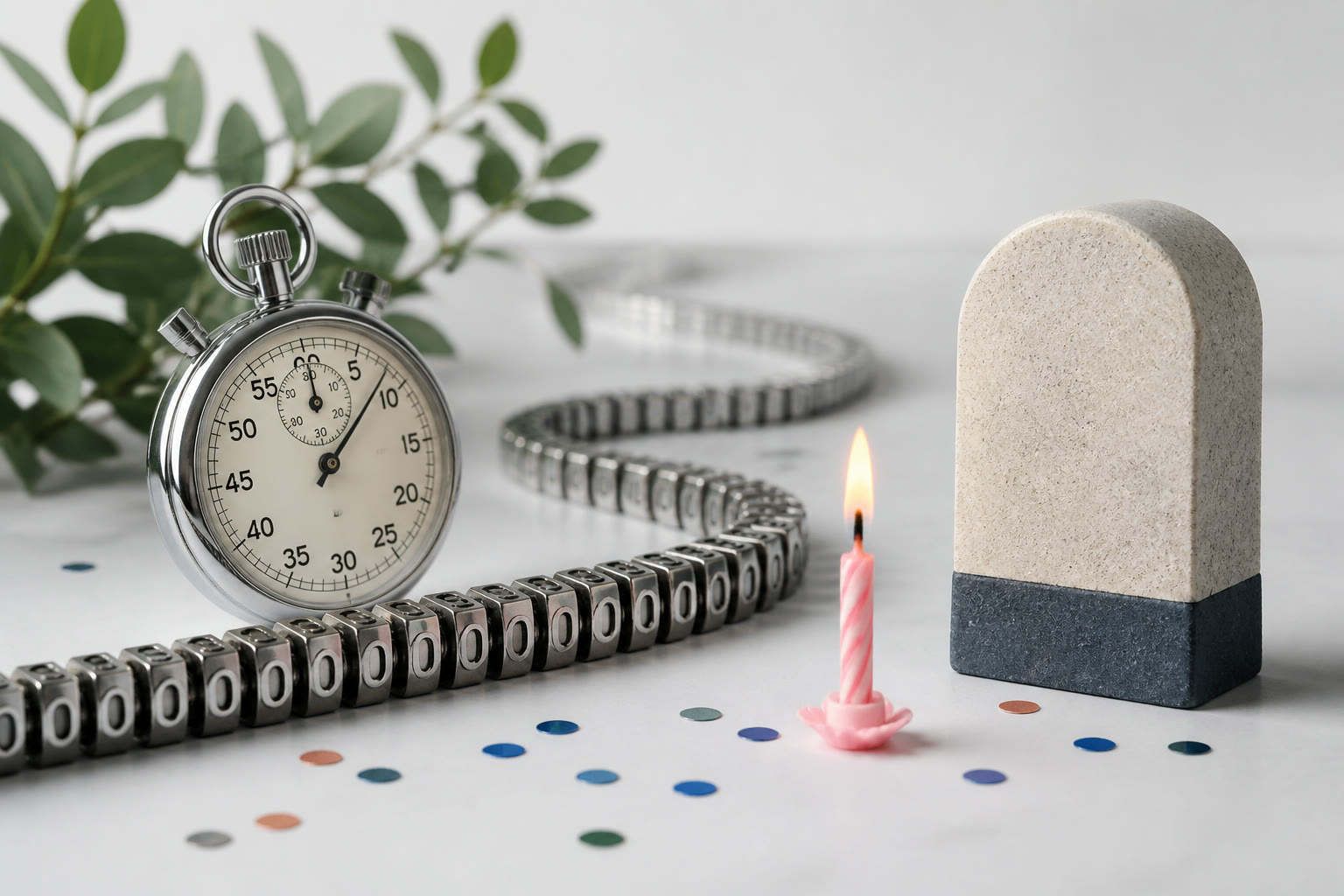 Stopwatch, birthday candle, and a long stream of second counters reaching a milestone
