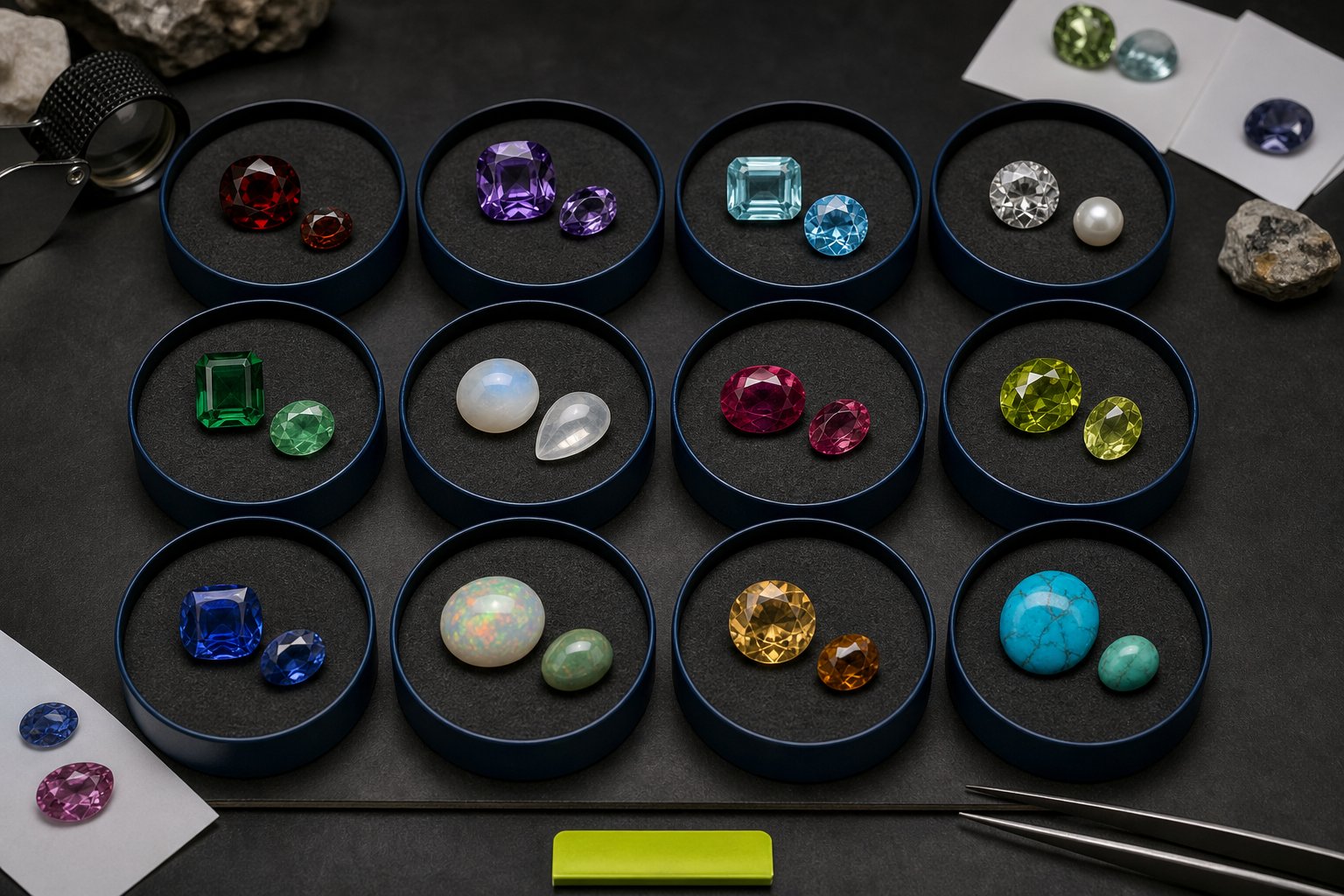 Twelve jeweler trays displaying varied monthly birthstones under controlled studio light