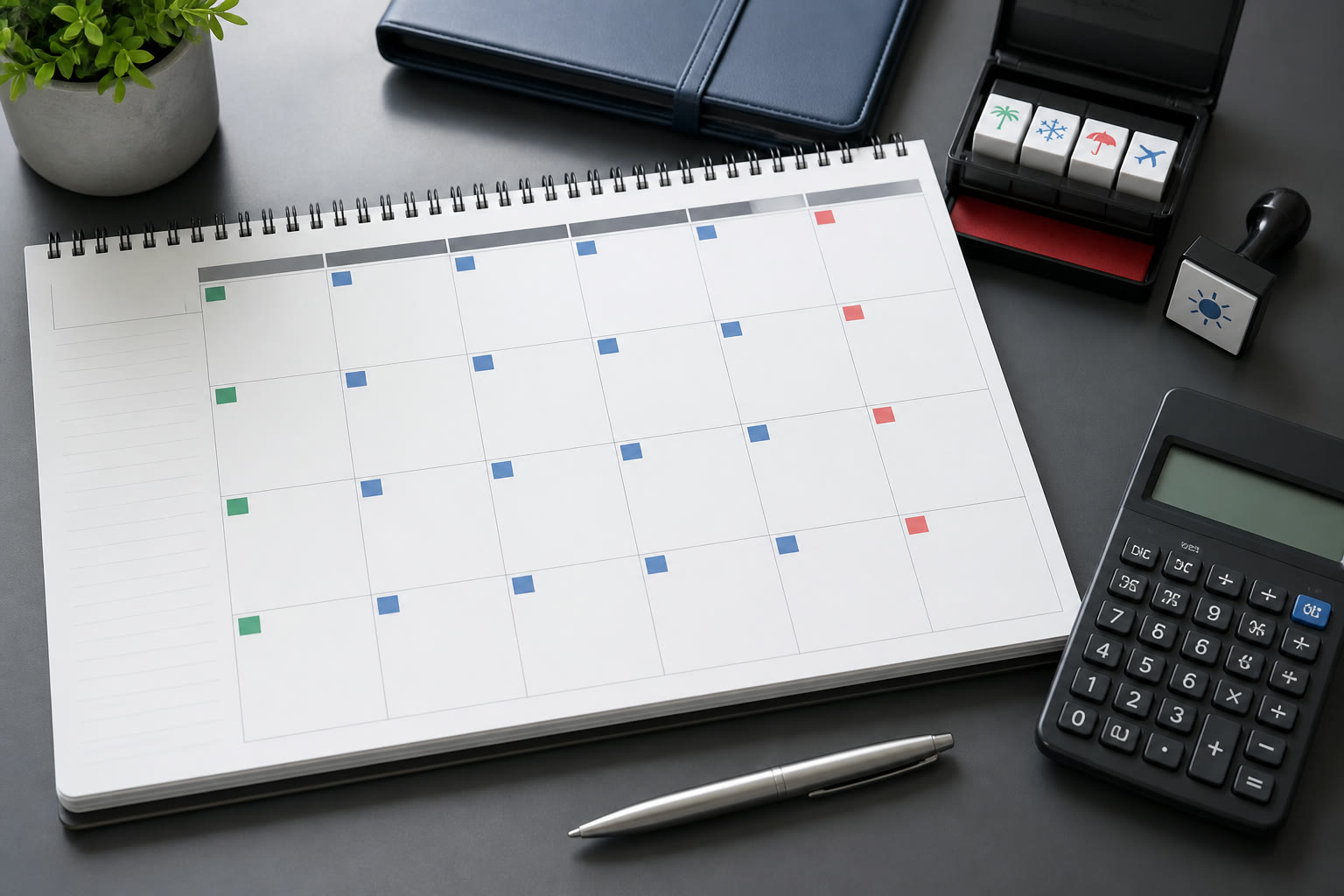 Professional planner with weekday blocks, weekend markers, and holiday stamps