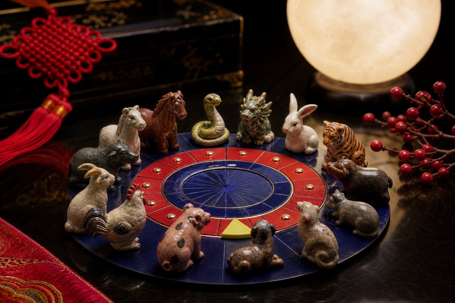 Twelve handcrafted Chinese zodiac animal figures arranged around a lunar calendar wheel
