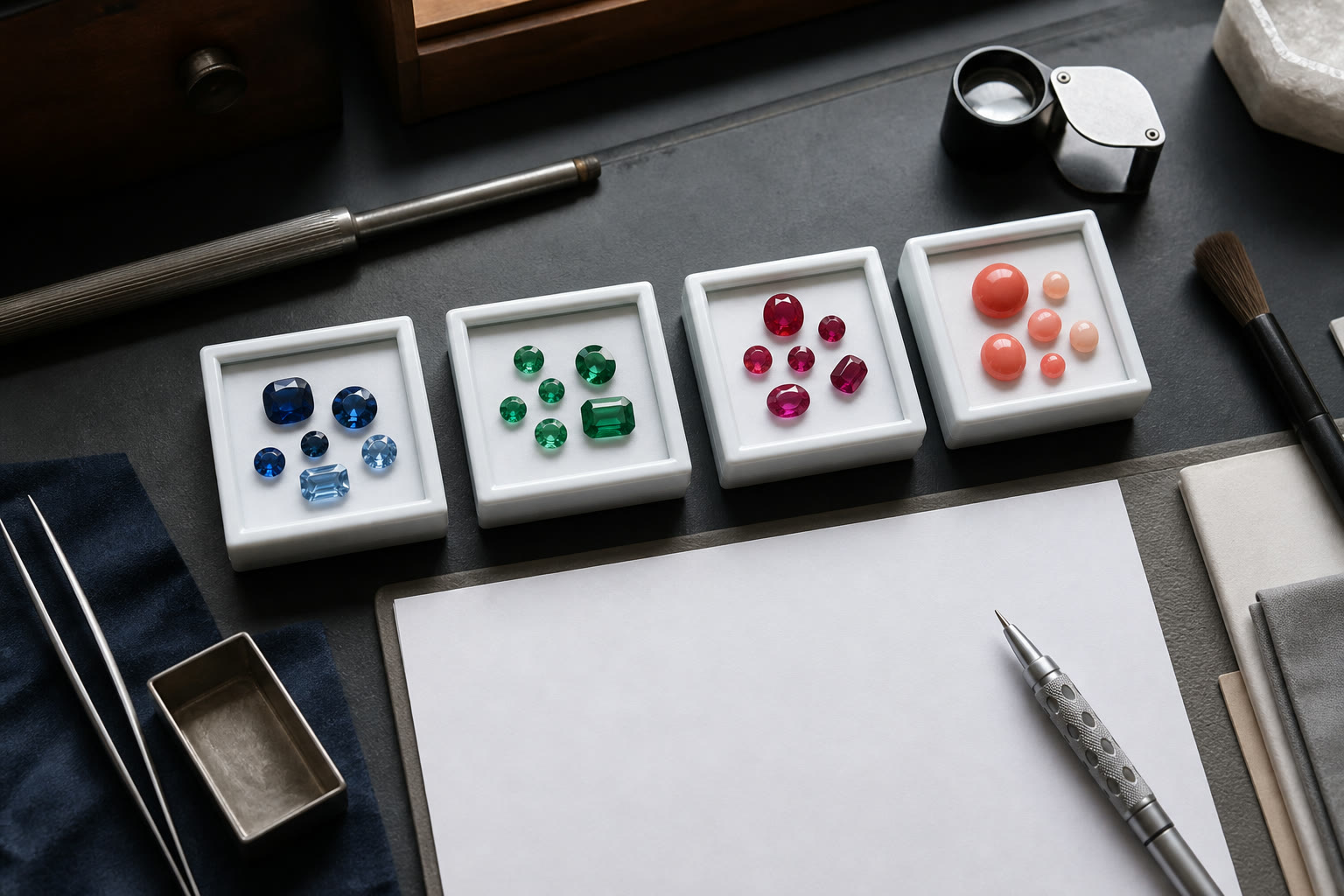 Several gemstones for one birth month arranged in jeweler trays with a loupe