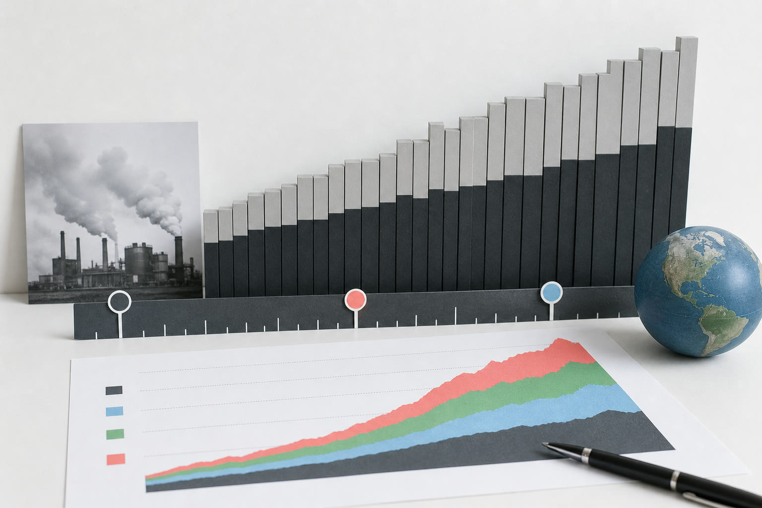Global carbon timeline with annual data bars, a birth-year marker, and a globe