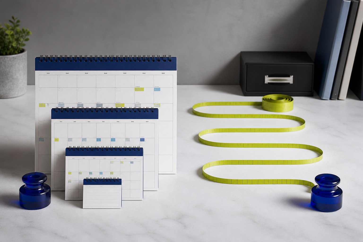 Nested calendar blocks beside a continuous measuring tape comparing duration with elapsed days
