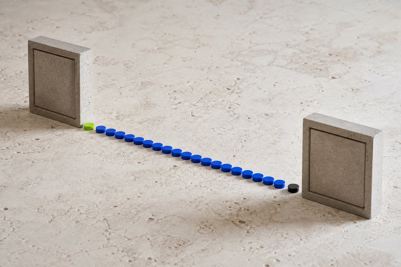 Two calendar markers connected by a precise row of day-counting tokens