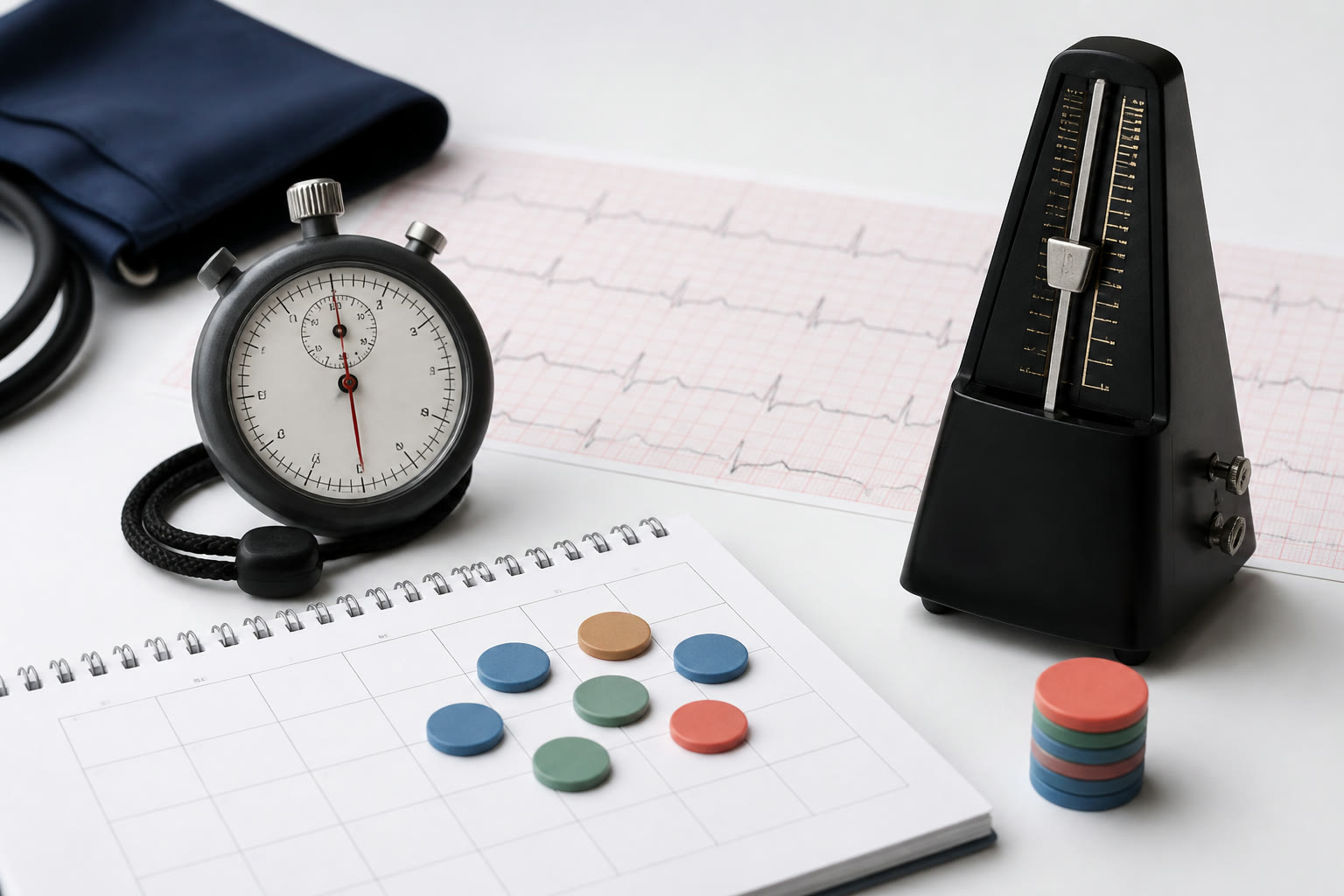 Pulse timer, metronome, calendar tokens, and an educational heart rhythm trace