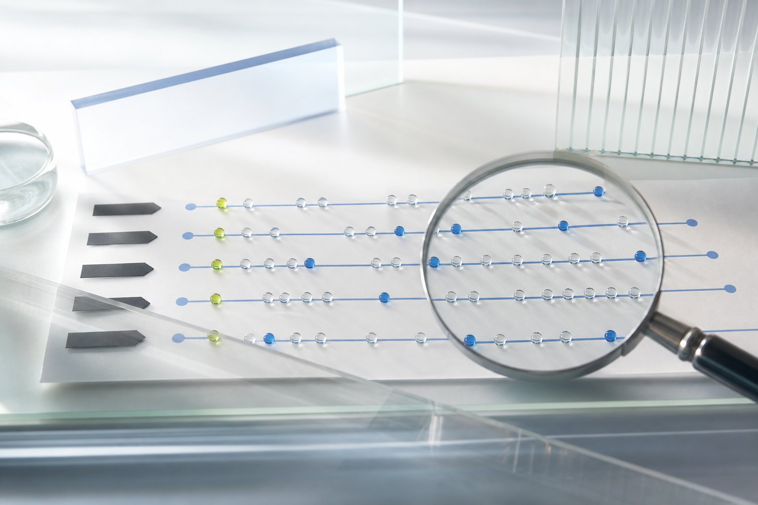 Glass population markers on parallel timeline tracks viewed through a magnifying lens