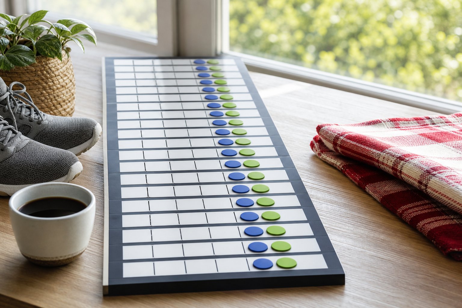 Year planner with paired weekend tokens beside walking shoes, coffee, and a picnic cloth