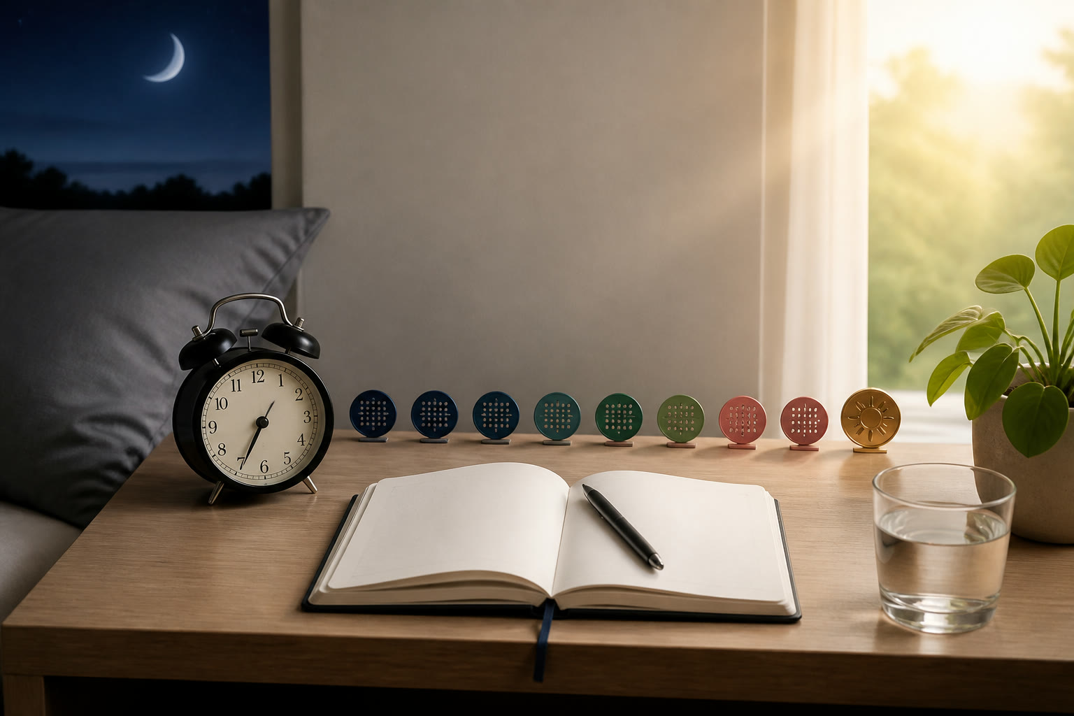 Serene bedroom clock, blank sleep journal, and a lifetime row of calendar tokens