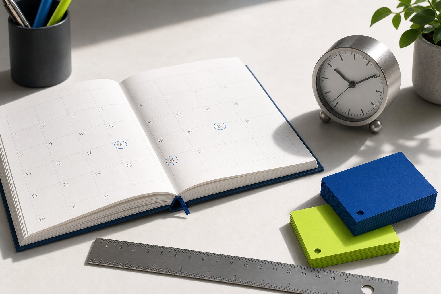 Open calendar, analog clock, ruler, and date cards arranged for exact age calculation