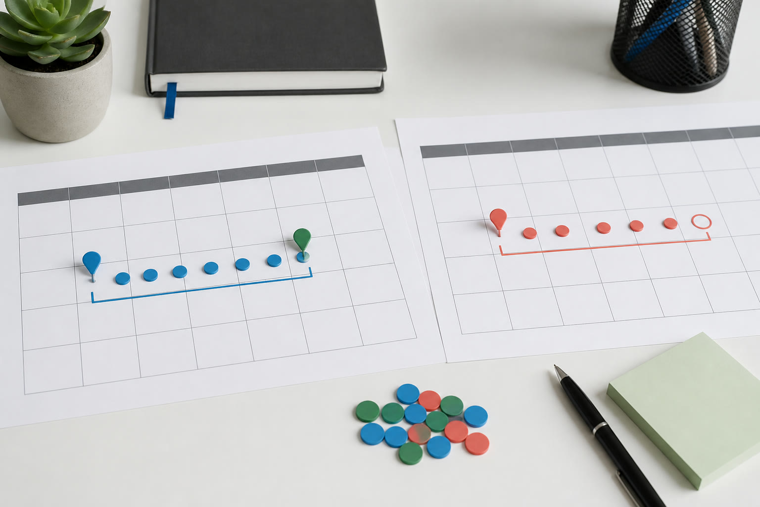 Two calendar endpoints connected by counting tokens with open and closed boundary markers