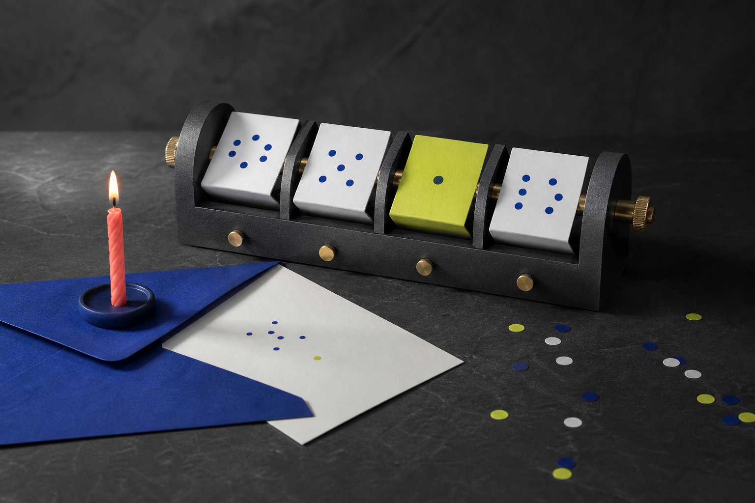 Perpetual calendar mechanism with an extra leap-day tile and a birthday candle