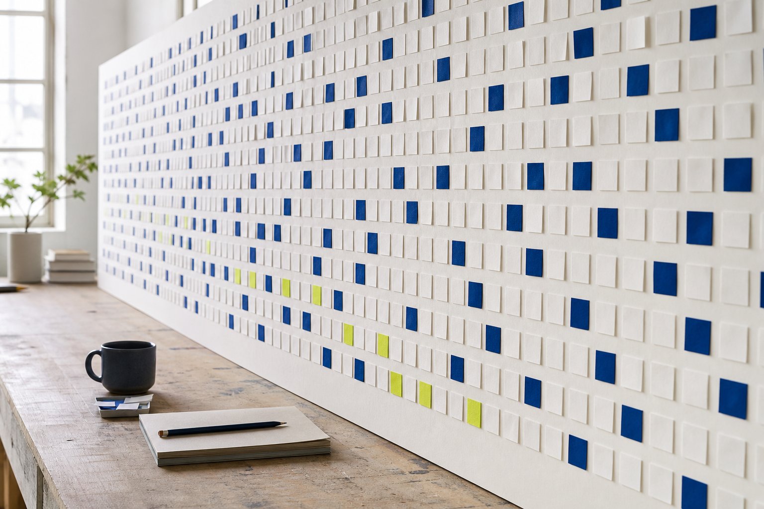 Large handcrafted wall of week tiles with a notebook for reflective life planning