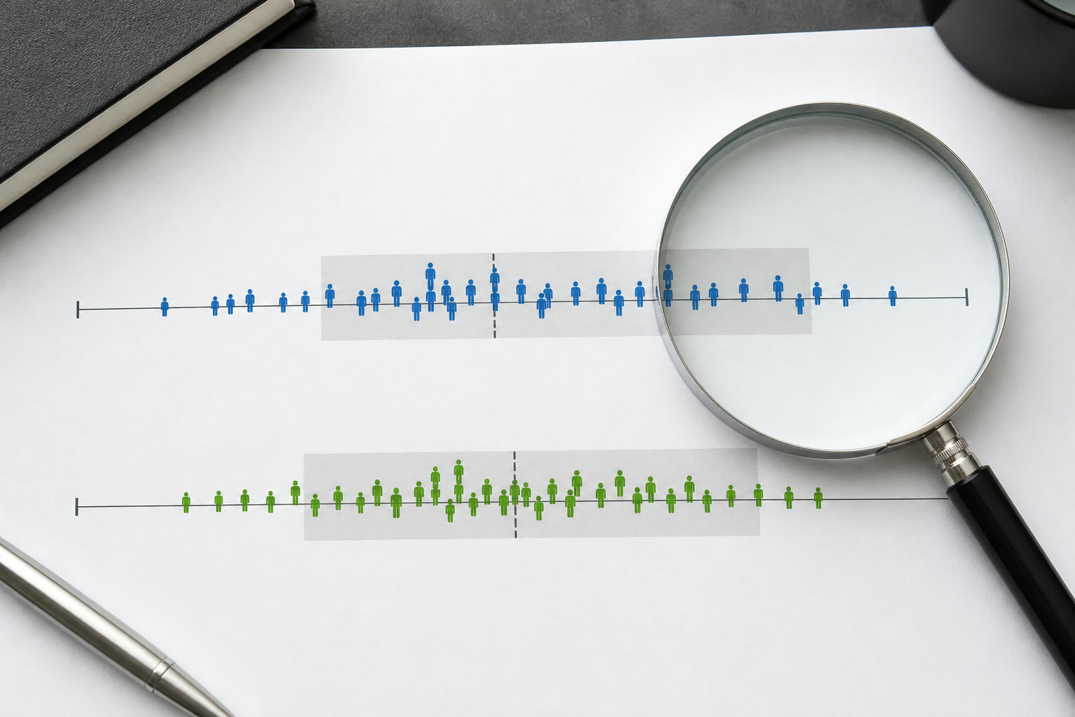 Parallel population timelines showing an average, a range, and individual markers