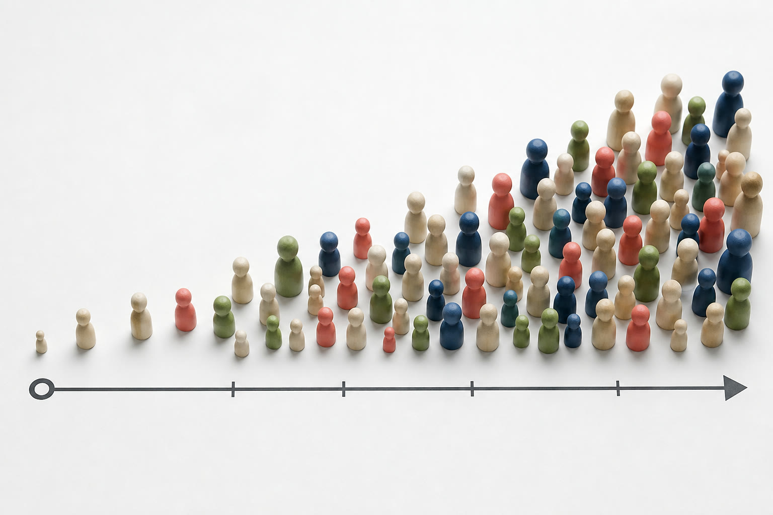 Population tokens arranged along a timeline from one birth-date marker to the present