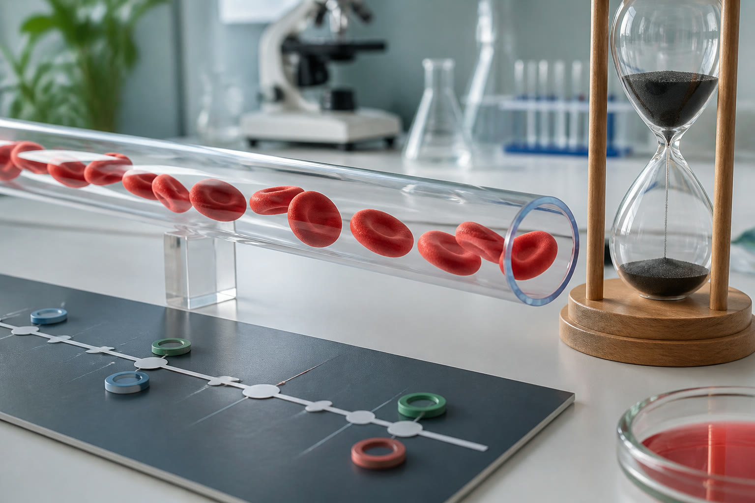 Educational red blood cell model beside a laboratory counter and lifetime timeline