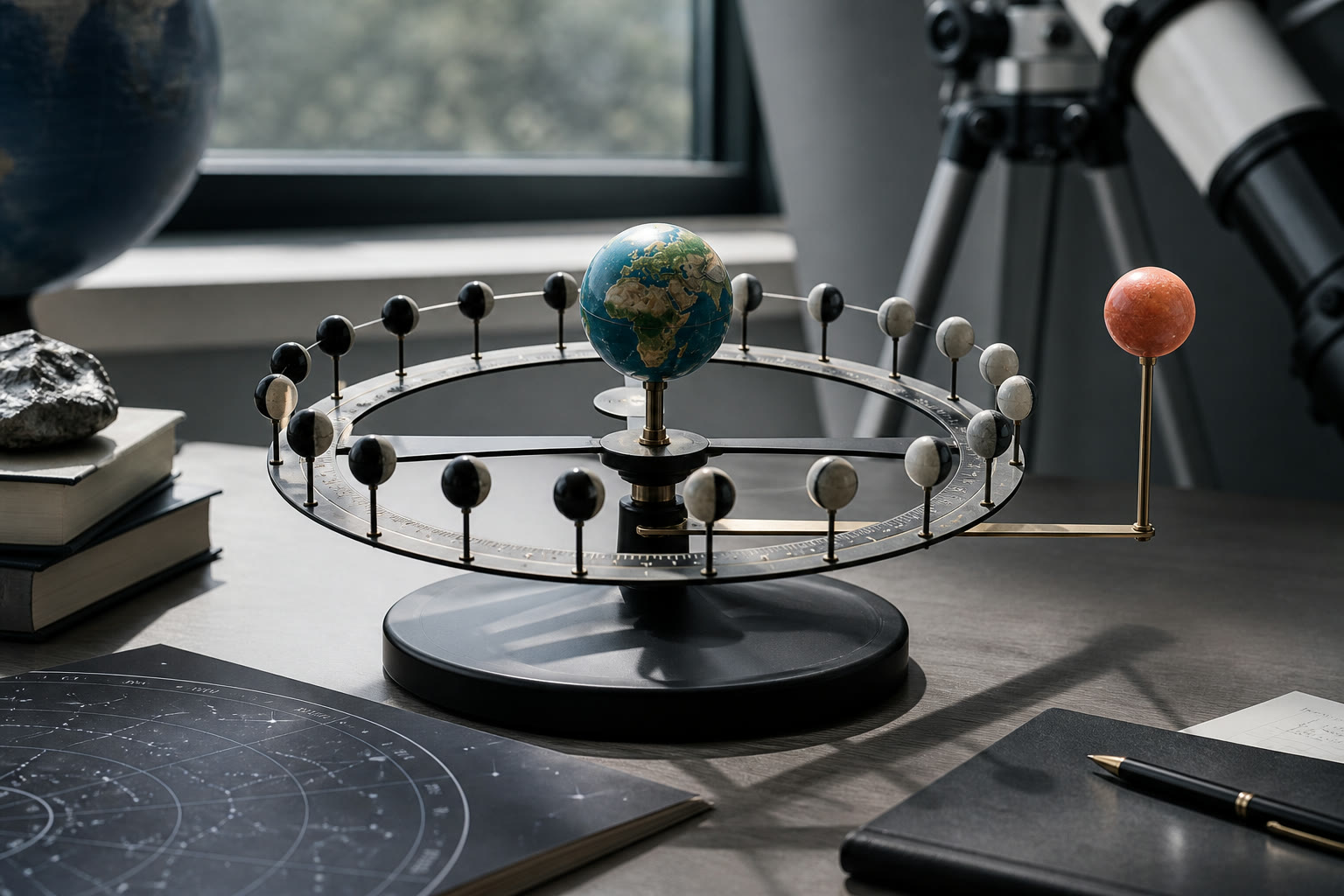 Physical Earth and Moon model showing stellar and Sun-aligned orbital reference points