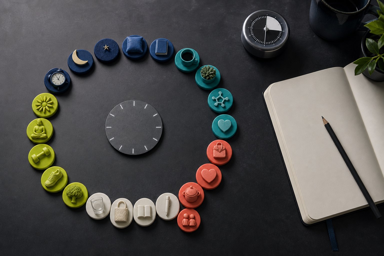 Circular arrangement of daily activity tokens beside a blank notebook and timer