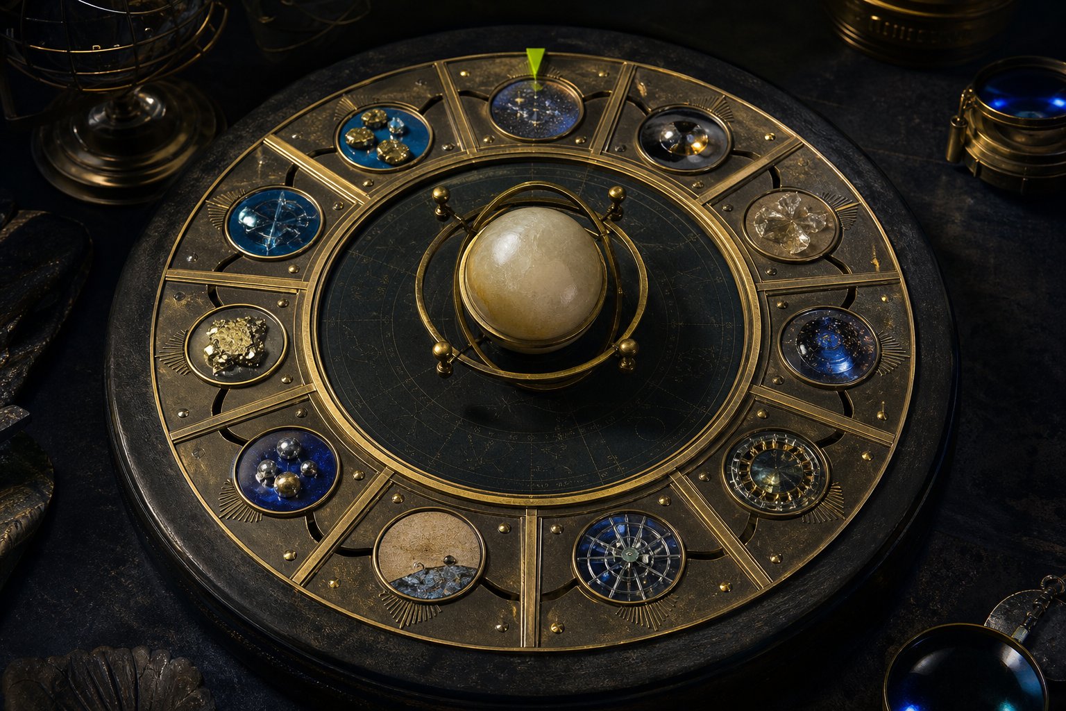 Brass twelve-part astronomical calendar ring on a dark observatory table